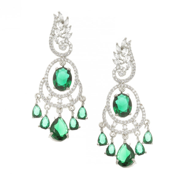 Rhodium-Plated Green & White American Diamond studded Oval & Leaf Shaped Drop Earrings