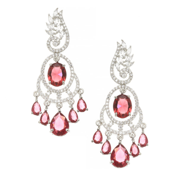 Rhodium-Plated Red & White American Diamond studded Oval & Leaf Shaped Drop Earrings