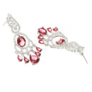 Rhodium Plated Oval Red American Diamond Contemporary Long Drop Earrings