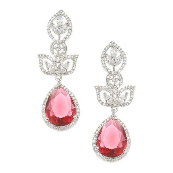 Rhodium-Plated Red American Diamond studded Teardrop & Leaf Shaped Drop Earrings
