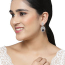 Rhodium-Plated Navy Blue & White American Diamond studded Oval Shaped Drop Earrings