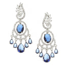Rhodium-Plated Navy Blue & White American Diamond studded Oval & Leaf Shaped Drop Earrings