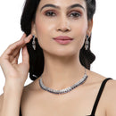 Rhodium-Plated Navy Blue Round Shape American Diamonds Studded Necklace & Earrings