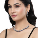 Rhodium-Plated Navy Blue Round Shape American Diamonds Studded Necklace & Earrings