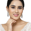 Rhodium-Plated White American Diamond studded Oval & Leaf Shaped Drop Earrings