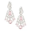 Rhodium-Plated Pink & White American Diamond studded Oval & Leaf Shaped Drop Earrings