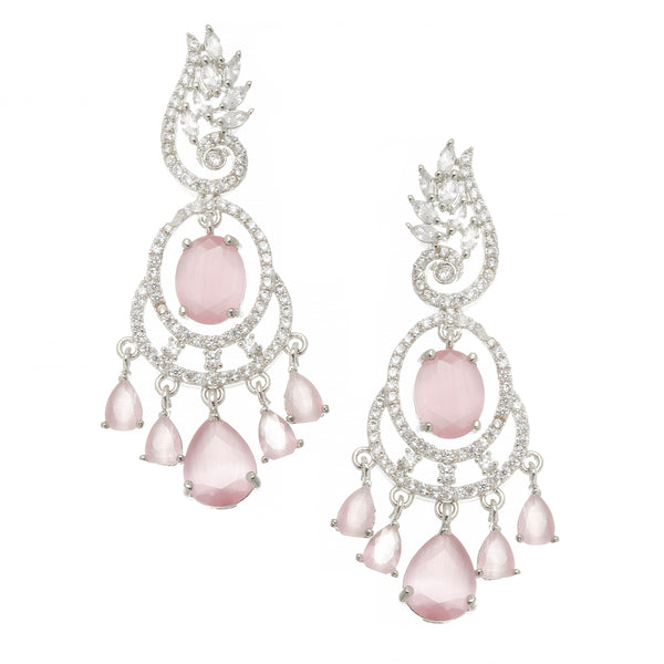 Rhodium-Plated Pink & White American Diamond studded Oval & Leaf Shaped Drop Earrings