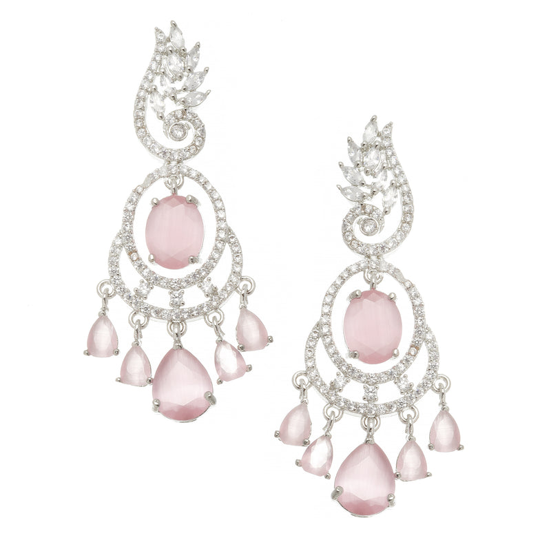 Rhodium-Plated Pink & White American Diamond studded Oval & Leaf Shaped Drop Earrings