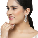 Rhodium-Plated White American Diamond studded Oval & Leaf Shaped Drop Earrings