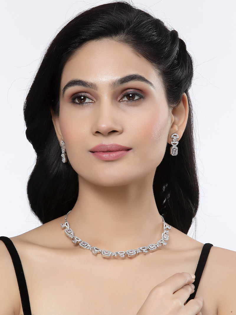 Rhodium-Plated White American Diamonds Studded Boxy Necklace & Earrings Jewellery Set