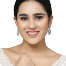 Rhodium-Plated Pink & White American Diamond studded Oval Shaped Drop Earrings