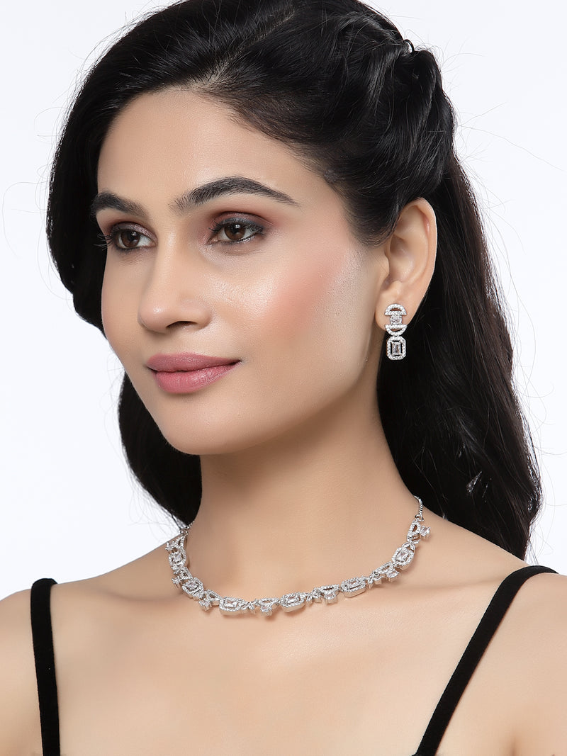 Rhodium-Plated White American Diamonds Studded Boxy Necklace & Earrings Jewellery Set