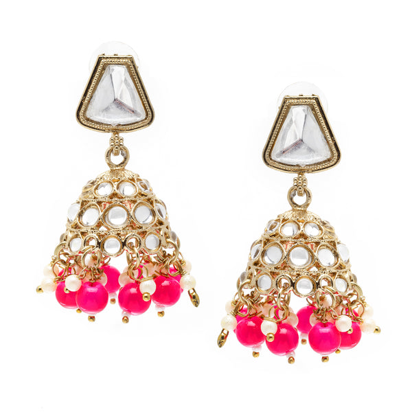 Gold-Plated Kundan & Pink Pearls studded Dome Shaped Mirror Jhumka Earrings