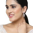 Rhodium-Plated Pink & White American Diamond studded Oval Shaped Drop Earrings