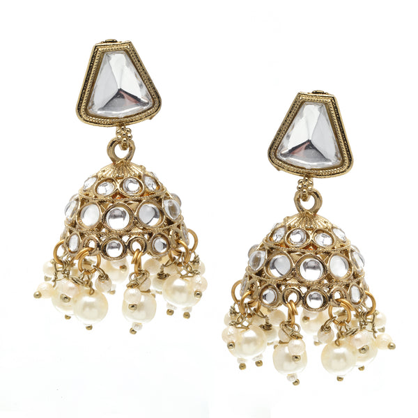Gold-Plated Kundan & White Pearls studded Dome Shaped Mirror Jhumka Earrings
