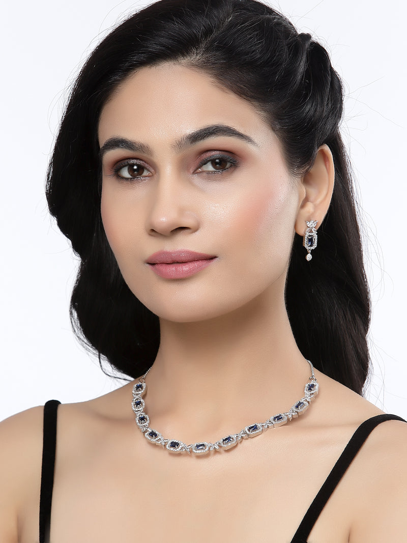 Rhodium-Plated Navy Blue American Diamonds Studded Cubical Necklace & Earrings Jewellery Set