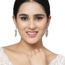 Rhodium-Plated Pink & White American Diamond studded Oval & Leaf Shaped Drop Earrings
