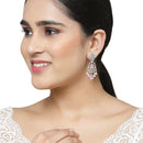 Rhodium-Plated Pink & White American Diamond studded Oval & Leaf Shaped Drop Earrings