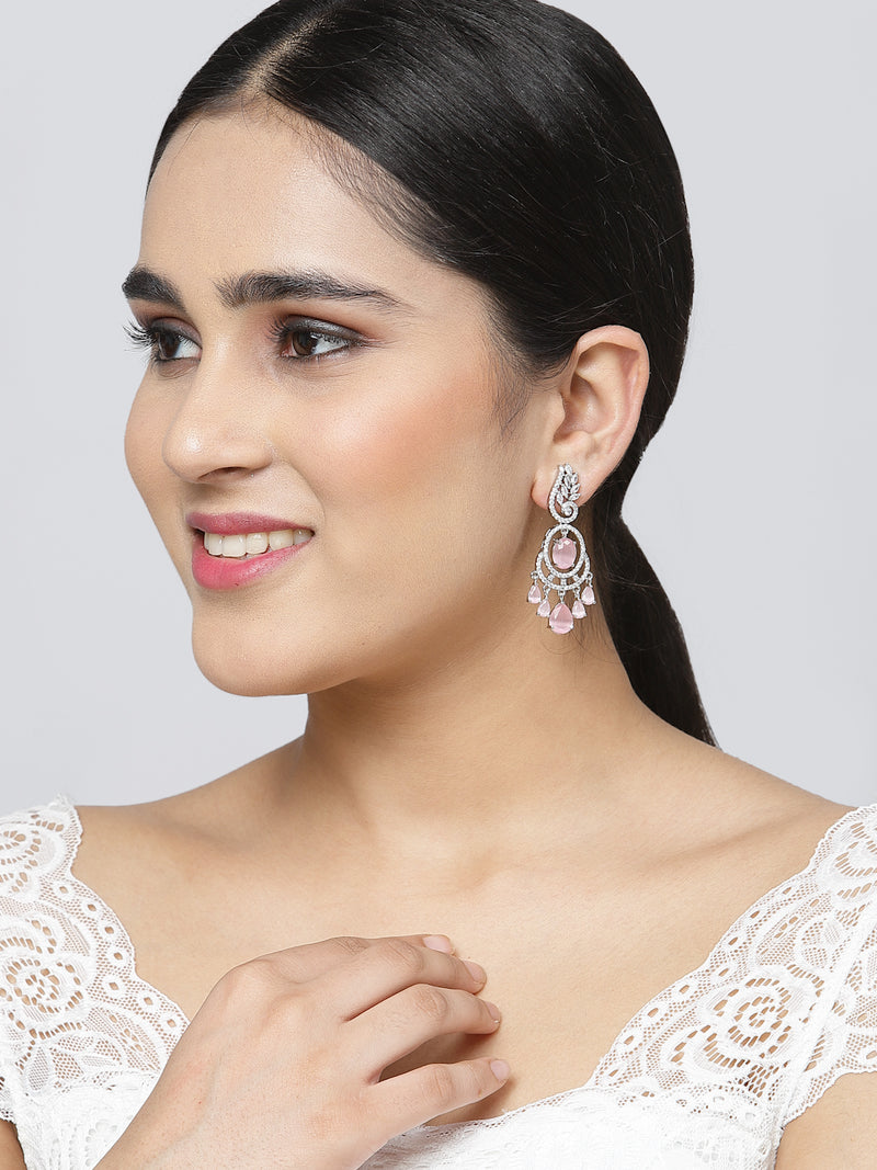 Rhodium-Plated Pink & White American Diamond studded Oval & Leaf Shaped Drop Earrings