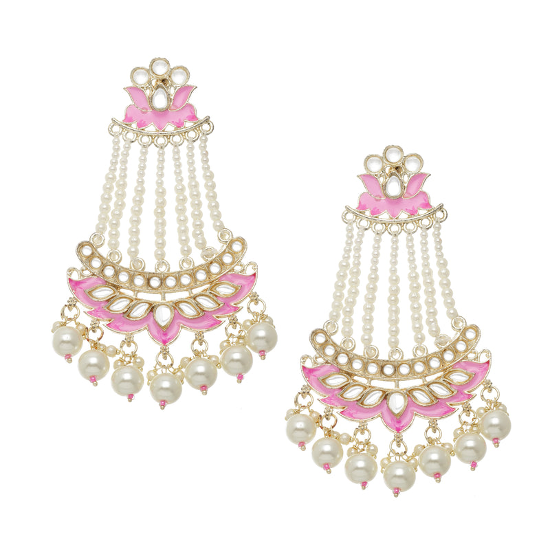 Gold-Plated White Pearls studded & Pink Enamelled Floral Shaped Drop Earrings