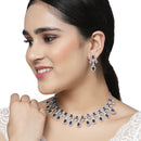 Rhodium-Plated Navy Blue American Diamond Studded Designer Necklace & Earrings Jewellery Set