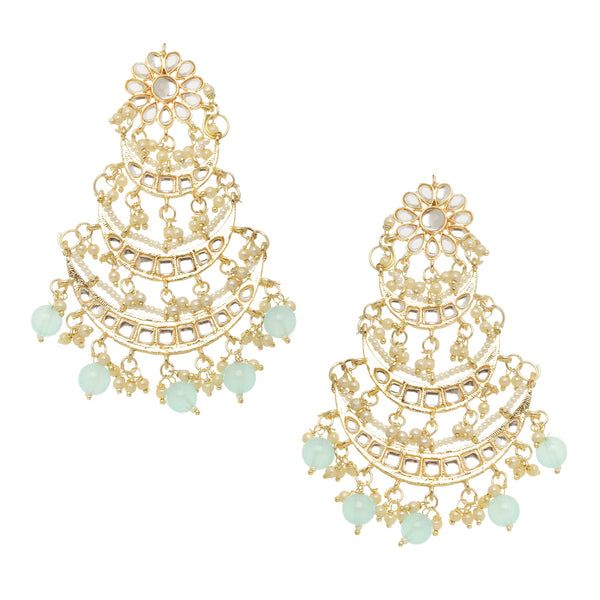 Gold-Plated Sea Green Pearls & Kundan studded Crescent Shaped Vilandi Drop Earrings