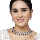 Rhodium-Plated Navy Blue American Diamond Studded Designer Necklace & Earrings Jewellery Set