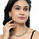 Rhodium-Plated Green American Diamonds Studded Quadrate Shaped Necklace & Earrings Jewellery Set