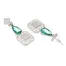 Rhodium-Plated Green & White American Diamond studded Square & Teardrop Drop Earrings