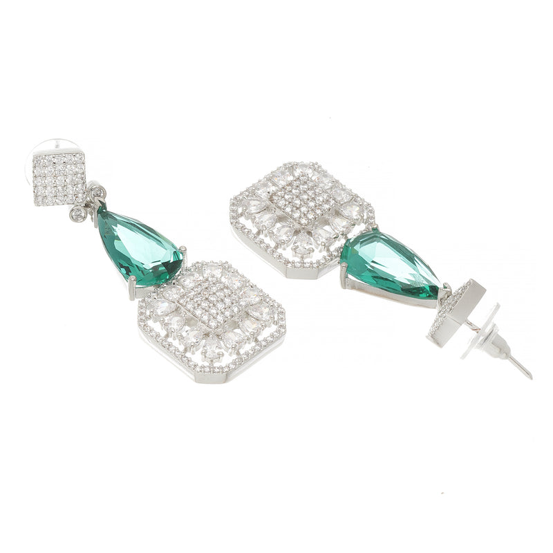 Rhodium-Plated Green & White American Diamond studded Square & Teardrop Drop Earrings