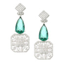 Rhodium-Plated Green & White American Diamond studded Square & Teardrop Drop Earrings