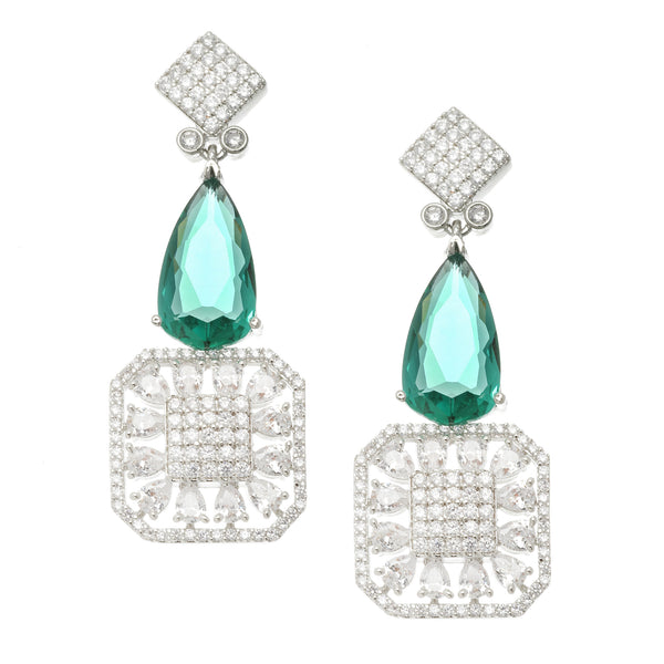 Rhodium-Plated Green & White American Diamond studded Square & Teardrop Drop Earrings