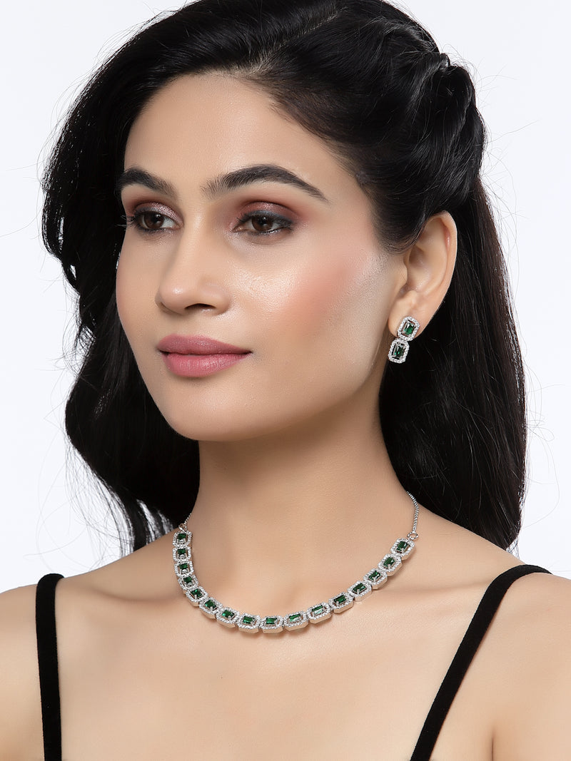 Rhodium-Plated Green American Diamonds Studded Quadrate Shaped Necklace & Earrings Jewellery Set