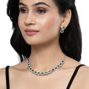 Rhodium-Plated Green American Diamonds Studded Quadrate Shaped Necklace & Earrings Jewellery Set