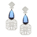 Rhodium-Plated Navy Blue & White American Diamond studded Square & Teardrop Drop Earrings