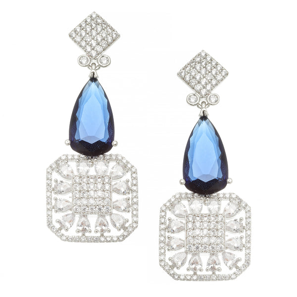 Rhodium-Plated Navy Blue & White American Diamond studded Square & Teardrop Drop Earrings