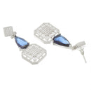 Rhodium-Plated Navy Blue & White American Diamond studded Square & Teardrop Drop Earrings