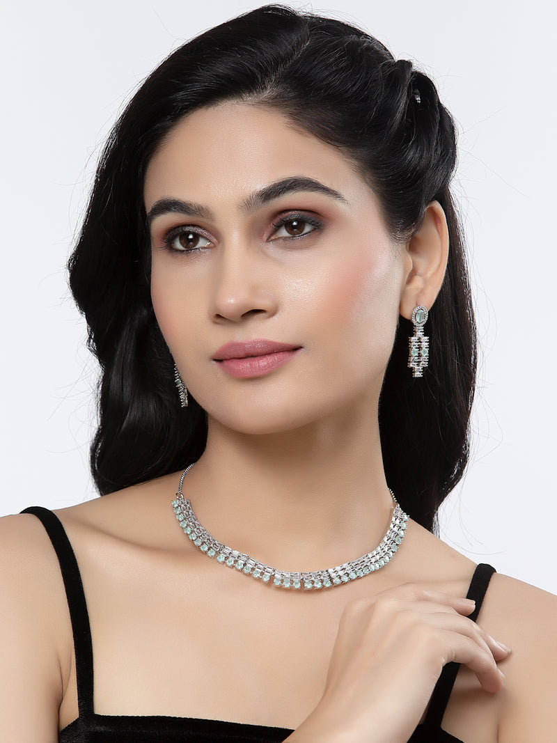 Rhodium-Plated Sea Green Round Shape American Diamonds Studded Necklace & Earrings Jewellery Set