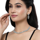 Rhodium-Plated Sea Green Round Shape American Diamonds Studded Necklace & Earrings Jewellery Set
