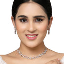 Rhodium-Plated Pink American Diamond Studded Disc-Shaped Necklace & Earrings Jewellery Set