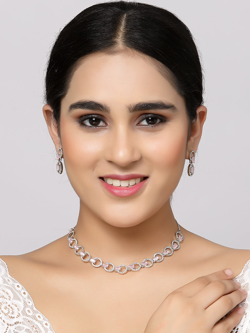 Rhodium-Plated Pink American Diamond Studded Disc-Shaped Necklace & Earrings Jewellery Set