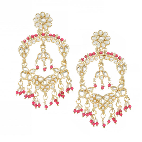 Gold-Plated Pink Pearls & Kundan studded Floral Shaped Chandelier Drop Earrings