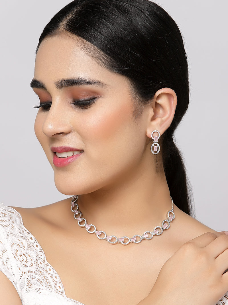 Rhodium-Plated Pink American Diamond Studded Disc-Shaped Necklace & Earrings Jewellery Set