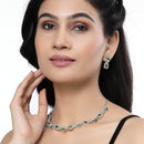 Rhodium-Plated Green American Diamonds Studded Boxy Necklace & Earrings Jewellery Set