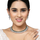 Rhodium-Plated Green American Diamond Studded Triangular Design Necklace & Earrings Jewellery Set