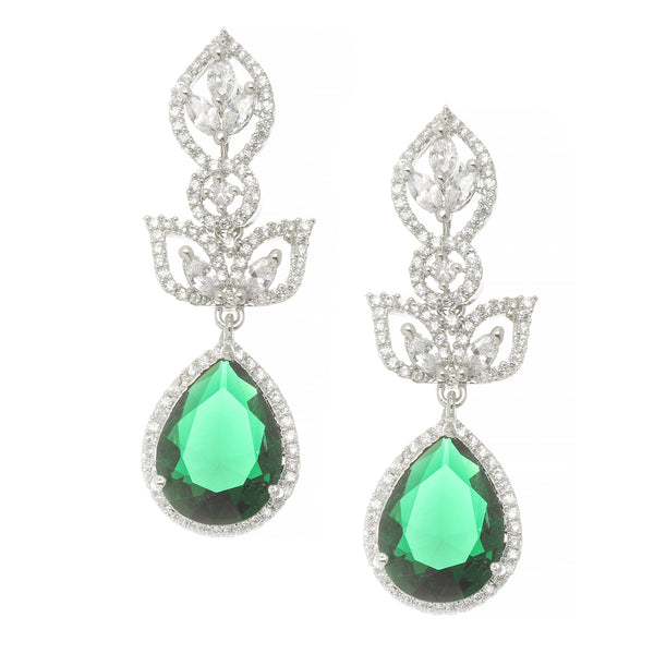 Rhodium-Plated Green American Diamond studded Teardrop & Leaf Shaped Drop Earrings