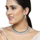 Rhodium-Plated Green American Diamond Studded Triangular Design Necklace & Earrings Jewellery Set
