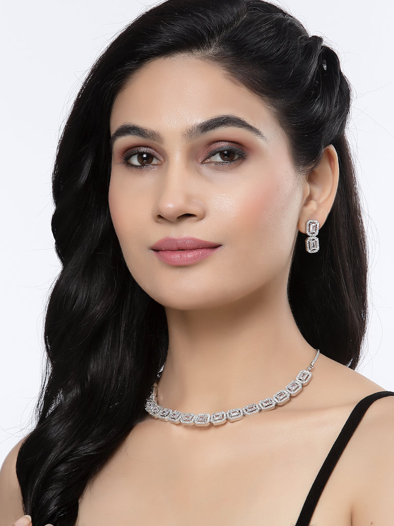 Rhodium-Plated White American Diamonds Studded Quadrate Shaped Necklace & Earrings Jewellery Set