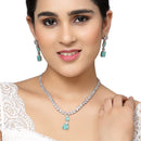 Rhodium-Plated Sea Green Square American Diamonds Studded Pendulous Necklace & Earrings Jewellery Set