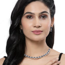 Rhodium-Plated Navy Blue American Diamonds Studded Quadrate Shaped Necklace & Earrings Jewellery Set